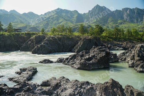 Preview: Chattering white rapids spill over rocks against a sun-drenched mountain backdrop.