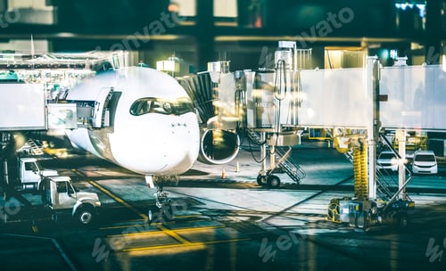 Preview: Airplane at terminal gate preparing takeoff by night