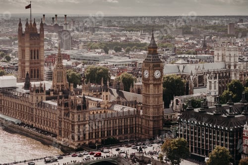 Preview: Big Ben and Westminster bridge in London. Busy city. Horizontal shot of historical monuments