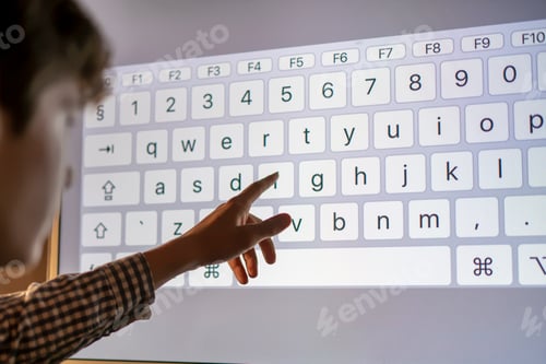 Preview: hand finger touch screen panel enter text on keyboard f
