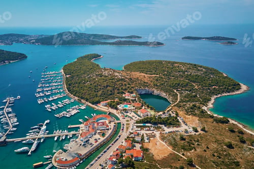 Preview: Aerial view of marina Frapa and Dragon Eye lake in Rogoznica town in Croatia