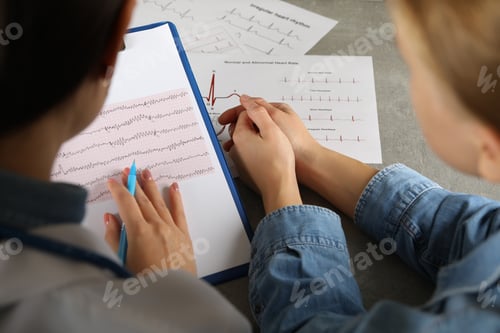 Preview: Female doctor checking electrocardiogram results with patient