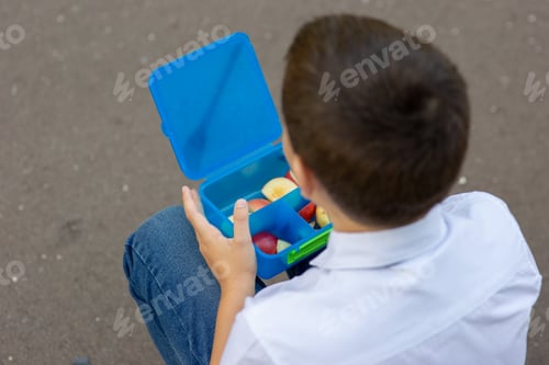 Preview: Schoolboy in white shirt holding blue lunch box with apples. Back view