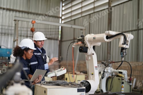Preview: Robotics engineer fitting sensors to traditional engineering lathe in robotics research facility
