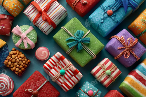 Preview: christmas gift flat lay-Colorful Wrapped Presents: A Variety of Gift Boxes Ready for Celebration