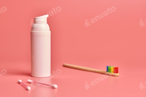 Preview: Eco bamboo toothbrush, face cream and cotton sticks. Personal care tools for protect oral cavity