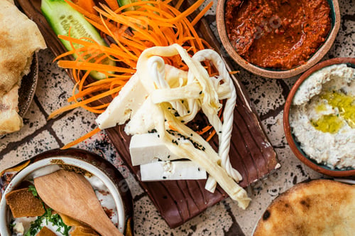 Preview: Cheese with herbs and vegetables served in Turkish Village Breakfast. Top view
