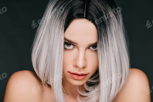 Preview: beautiful charming girl posing in grey wig, isolated on black