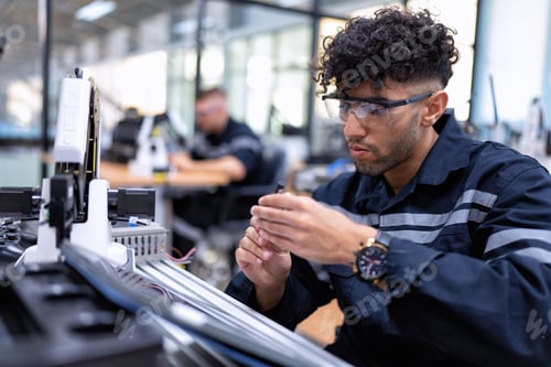 Preview: Engineer sitting in robot fabrication room quality checking robot arm hardware engineering