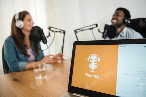 Preview: Laptop against diverse colleagues recording podcast