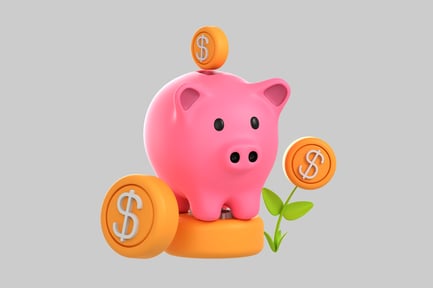 Preview: Pink piggy bank with three orange coins