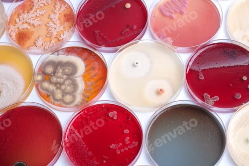 Preview: Various bacterial and fungal cultures in petri dishes.
