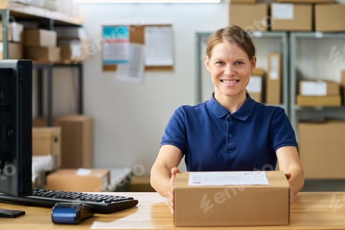 Preview: Portrait of Young Adult Caucasian Woman Smiling While Delivering Parcel Package