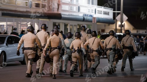 Preview: Police officers walk through downtown Las Vegas in their khaki uniforms. People from behind.