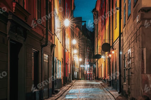 Preview: Stockholm, Sweden. Night View Of Traditional Stockholm Street. Residential Area, Cozy Street In