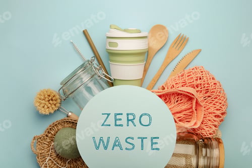 Preview: Set of eco products, circle frame with text. Zero waste concept. Flat lay with inscription