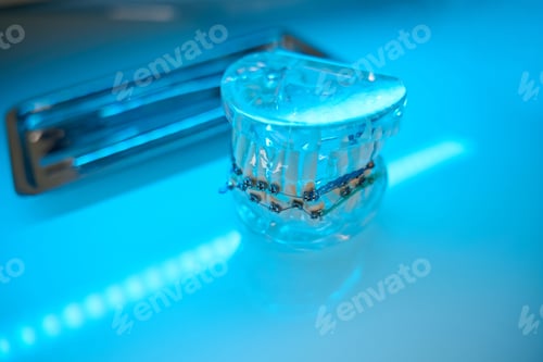 Preview: Photo of plastic jaw with braces and stomatological tool