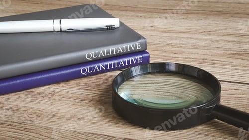 Preview: Magnifying glass and notebooks titled "QUALITATIVE" and "QUANTITATIVE," symbolizing data analysis.