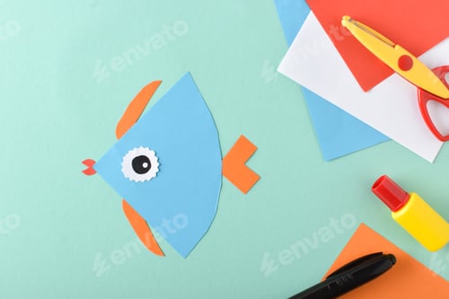 Preview: DIY fish. Step-by-step instructions. Copy space. Flat lay, top view