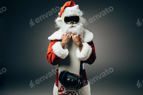 Preview: santa claus in ski mask standing with snowboard isolated on grey background