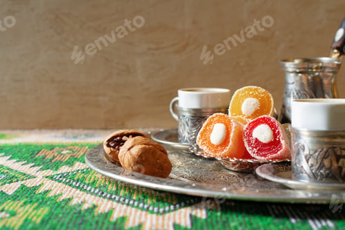 Preview: Turkish Coffee served with Turkish Delight on metal tray