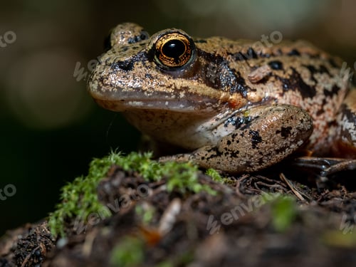 Preview: Closeup shot of a California red-legged frog perched on the wet soil against a dark background