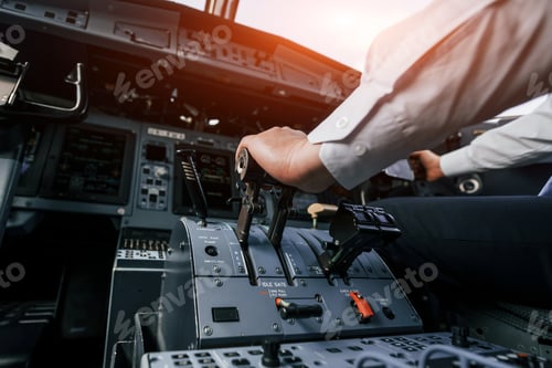 Preview: Control of the flight. Pilot on the work in the passenger airplane. Preparing for takeoff