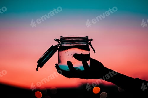 Preview: Closeup of a person holding a jar of water with a breathtaking sunset in the blurry background