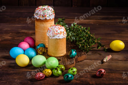 Preview: Easter cake and colorful eggs on a dark background