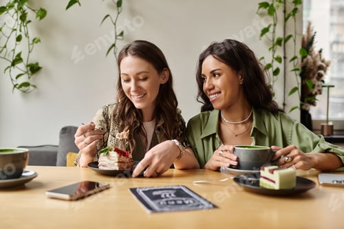 Preview: Moments of joy shared between two women over coffee and dessert in a vibrant cafe