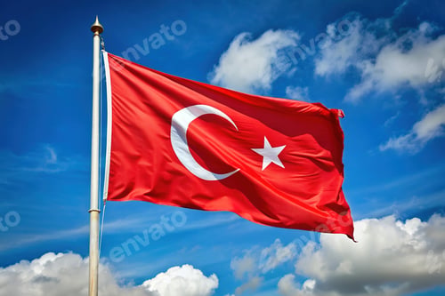 Preview: Turkish flag waving against a cloudy and blue sky background
