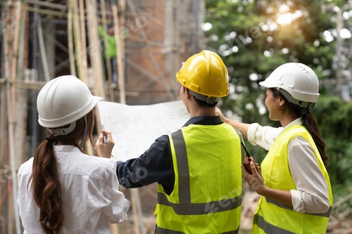 Preview: Engineer and Architect working at Construction Site with blue print, Construction concept.