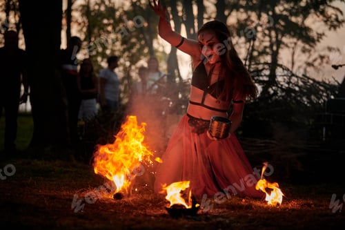 Preview: Girl fire dancing performance at outdoor art festival, smooth movements of female artist
