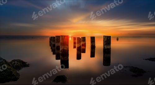 Preview: Mesmerizing shot of weathered pier pillars in the water during orange shadedsunset