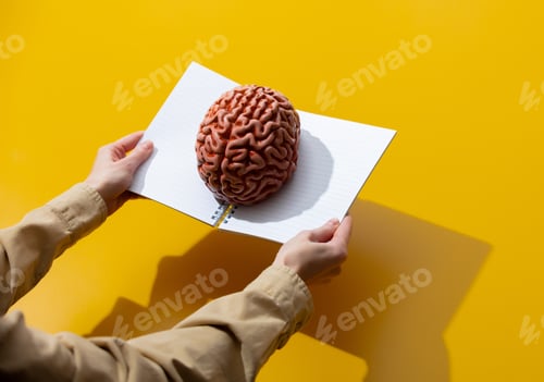Preview: Female hand holds notebook with brain on yellow background