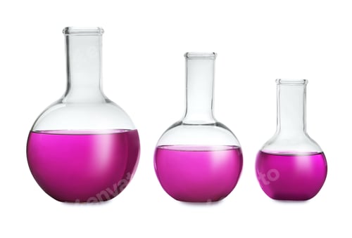 Preview: Florence flasks with purple liquid on white background