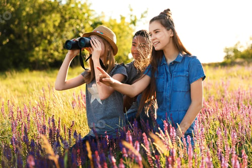 Preview: Group of children with binoculars in field. Summer camp
