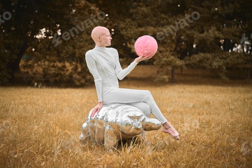 Preview: Young hairless girl with alopecia in white cloth sits on tardigrade figure in fall park