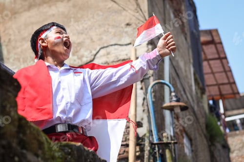 Preview: Enthusiastic Child Waving Small Red and White Flag