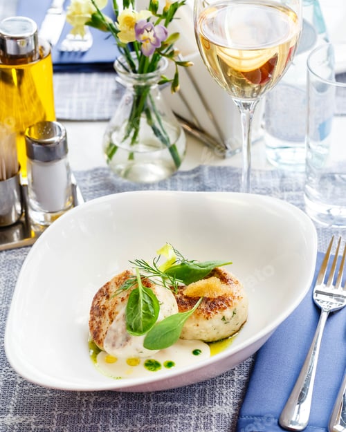 Preview: Salmon and cod fish cutlets with spinach and pike caviar with white sauce in a restaurant serving.
