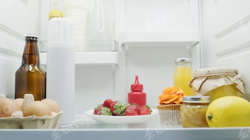 Preview: beer, eggs, fresh strawberries, lemon, cupcake, orange juice, honey and sauces in fridge
