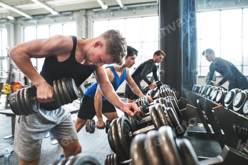 Preview: Young fit men in gym exercising with dumbbells.