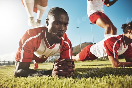 Preview: Sports, soccer and football team doing push up before game, match or tournament for health, fitness