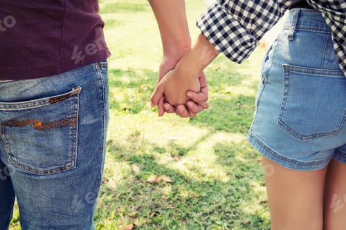 Preview: Young couple in love holding hands walking in the park.