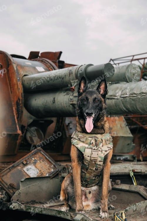 Preview: Malinois Dog in Bulletproof Vests. Working dog. Dog guard. Police and army dog.