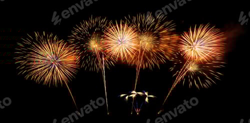 Preview: International fireworks festival display at night on black. Happy New Year Background.