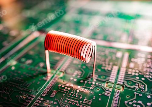 Preview: Copper wire stands on a green microcircuit