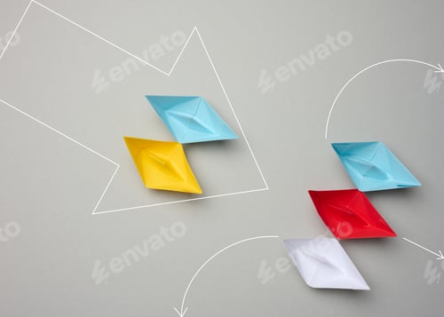 Preview: Two groups of paper boats stand opposite. Yellow-blue forces a group of ships to retreat.