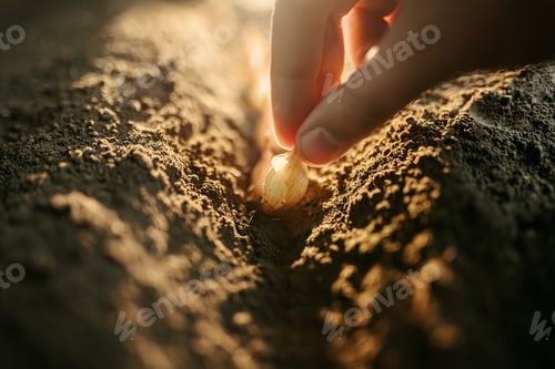 Preview: Planting seeds in soft soil with careful hands in warm sunlight