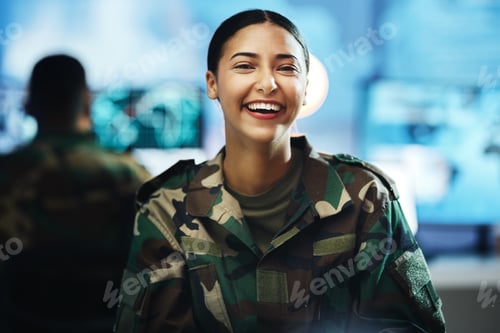 Preview: Portrait, smile and a woman in a military control room for strategy as a soldier in uniform during
